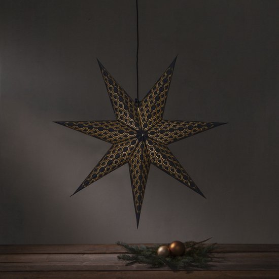 Étoile de Noël en papier noire avec motif doré en arête de poisson, 60 cm, suspendue.