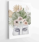 Aquarel antiek marmeren standbeeld van half gezicht met boho bloemen, gedroogde tropische palmblad geïsoleerde geïsoleerde illustratie sculptuur - Moderne schilderijen - Verticaal