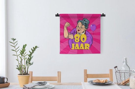 Wandkleed - Wanddoek - Verjaardag - Jubileum - Vrouw - 80 Jaar - 60x60 cm - Wandtapijt