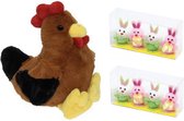 Pluche bruine kippen/hanen knuffel van 25 cm met 8x stuks mini paashaas kuikentjes 5,5 cm - Paas/pasen decoratie