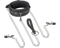 Kunstleren Halsband Met Ketting En Tepelklemmen