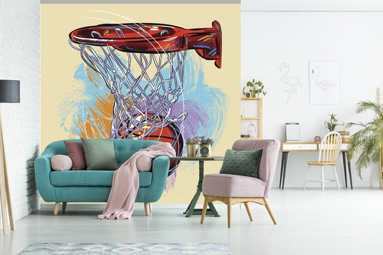 Papier peint photo vinyle - Une illustration d'un ballon de basket frappant la cible à pleine vitesse, largeur 260 cm x hauteur 260 cm - Tirage photo sur papier peint (disponible en 7 tailles)