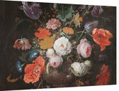Stilleven met bloemen en een horloge, Abraham Mignon - Foto op Dibond - 60 x 40 cm