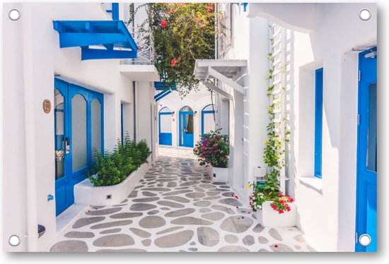 Grieks Straatje - Griekenland - Tuinposter 120x80 - Wanddecoratie - Bloemen
