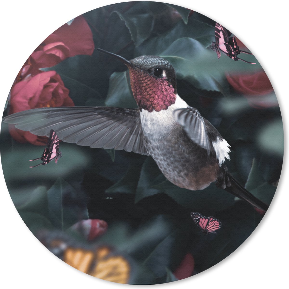 Muismat rond 20x20 cm - Mousepad Kolibrie - Vlinders - Roze - Ronde muismatten