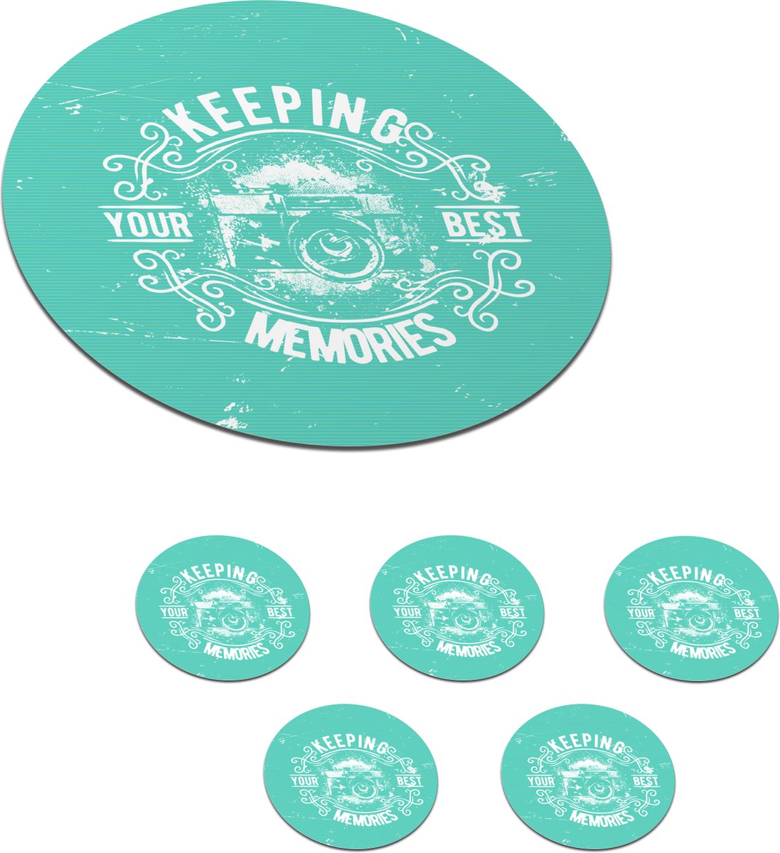 Onderzetters voor glazen - Rond - Vintage - Camera - Tekst - 10x10 cm - Glasonderzetters - 6 stuks