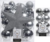 Kerstversiering kunststof kerstballen zilver 4-5-6-8 cm pakket van 49x stuks - Met kunststof ster piek van 19 cm