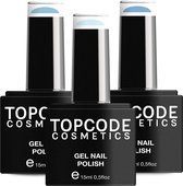 Gellak van TOPCODE Cosmetics - 3 pack gel nagellak - Blauw set 5 - 3 x 15 ml flesjes - Holiday Blue + Cool Grey + Sky Blue