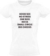 Good Sex | Dames T-shirt | Wit | No Stress | One Boo | No Ex | Small Circle | Big Checks