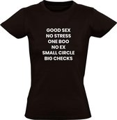 Good Seks | Dames T-shirt | Zwart | No Stress | One Boo | No Ex | Small Circle | Big Checks