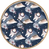 Klok - Ø 30 cm - Astronaut - Raket - Ruimte - Kids - Jongens - Meisjes - Kinderen - Houtkleurig - Wandklok