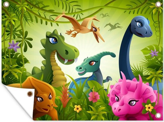 Une illustration d'un groupe de dinosaures dans la jungle affiche de jardin 160x120 cm - Toile de jardin / Toile d'extérieur / Peintures d'extérieur (décoration de jardin) XXL / Groot format!