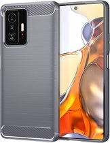 Xiaomi 11T / Xiaomi 11T Pro Hoesje - MobyDefend TPU Gelcase - Geborsteld Metaal + Carbonlook - Grijs - GSM Hoesje - Telefoonhoesje Geschikt Voor: Xiaomi 11T / Xiaomi 11T Pro