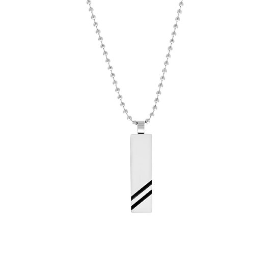Lucardi Heren Ketting met hanger plaat streep zwart - Staal - Ketting - Cadeau - Vaderdag - 70 cm - Zilverkleurig