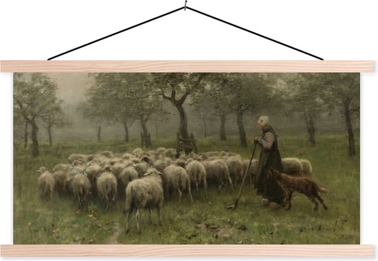 Posterhanger incl. Poster - Schoolplaat - Herderin met kudde schapen - Schilderij van Anton Mauve - 150x75 cm - Blanke latten