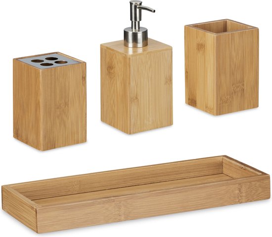 relaxdays Ensembles d'accessoires de salle de bain avec porte-brosse à dents, pompe à savon, plateau