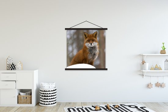 Posterhanger incl. Poster 90x90 cm - Schoolplaat - Vos - Bos - Rood - Textielposter - Zwarte latten