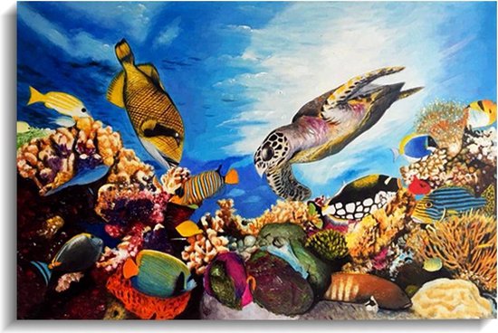 Schilderij aquarium koraal vissen 90 x 60 - Artello - handgeschilderd schilderij met signatuur - schilderijen woonkamer - wanddecoratie - 700+ collectie Artello schilderijenkunst
