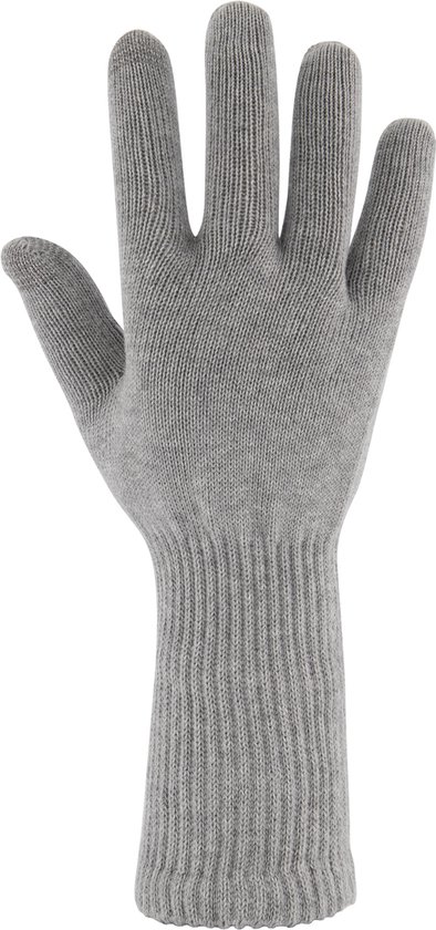 Grijze gebreide handschoen met lange manchet, van voren gezien.