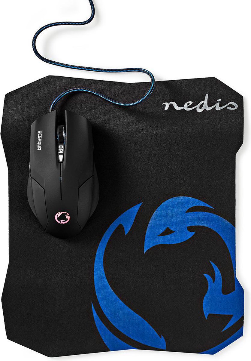 Nedis Gaming Muis & Muismat Set - Bedraad - 800 / 1200 / 1600 dpi - Instelbare DPI - Aantal knoppen: 6 - Rechtshandig - 1.50 m - Normale Verlichting
