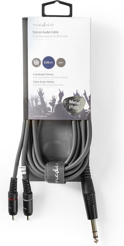 Nedis Stereo-Audiokabel - 6,35 mm Male - 2x RCA Male - Vernikkeld - 3.00 m - Rond - Donkergrijs - Kartonnen Sleeve - Nedis