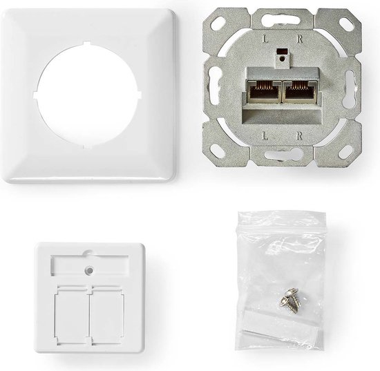 Boîtier mural Réseau Nedis | Intégré | 2 ports | CAT6 | droite | Femme | Plaqué or | PVC | Blanc | Boîte
