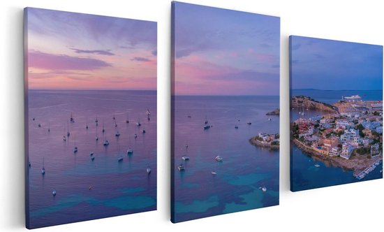 Artaza Canvas Schilderij Drieluik Ibiza met Boten op het Water bij Zonsopgang - 120x60 - Foto Op Canvas - Canvas Print