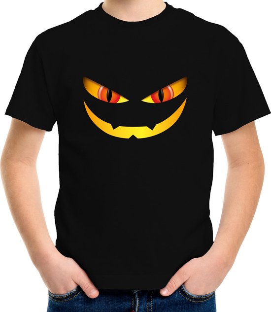 Zwart kindershirt met een eng monstergezicht van een pompoen, met gele ogen en een grote glimlach.