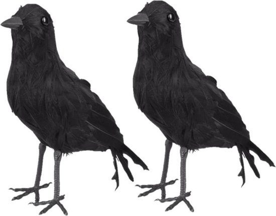 Zwarte decoratie kraai of raaf - Set van 2x stuks - 23 cm - Halloween horror thema versiering dieren - vogelverschrikker