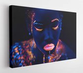 Canvas schilderij - Portrait of young african woman with colorful abstract make-up on face. unusual, interesting, fantastic shoot. body art, neon lights, fluorescence  -     168843