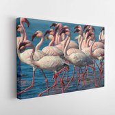 Canvas schilderij - Wild african birds. Group of pink flamingo birds on the blue lagoon. Walvis bay, Namibia  -     1550394242 - 50*40 Horizontal