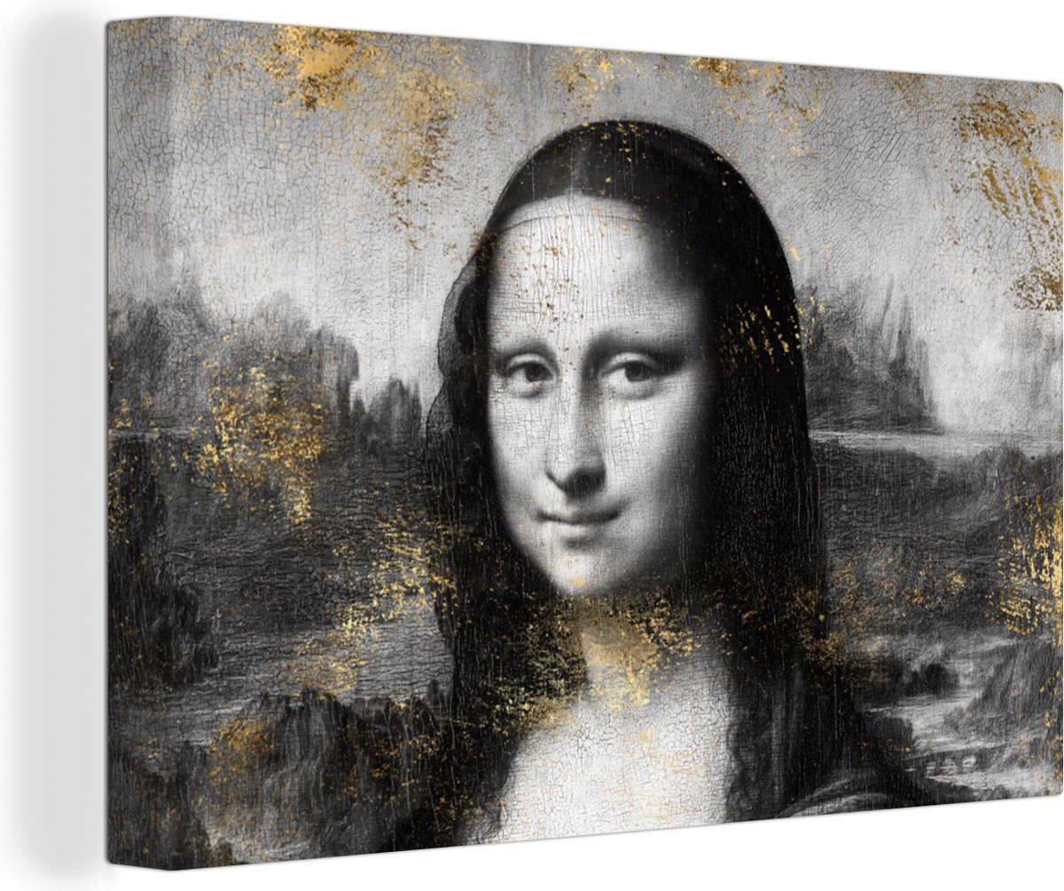 Canvas Schilderij Mona Lisa - Leonardo da Vinci - Goud - 30x20 cm - Wanddecoratie - OneMillionCanvasses
