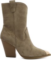 WELOVESHOES® Dames Cowboylaarzen, Enkellaarsjes met Hak  - Suedine - Taupe Khaki - Maat 39