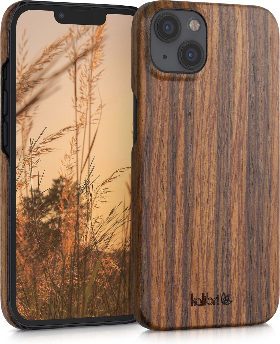 kalibri hoesje voor Apple iPhone 13 - Beschermende telefoonhoes van hout - Slank smartphonehoesje in bruin