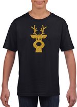 Rendier hoofd Kerst t-shirt - zwart met gouden glitter bedrukking - kinderen - Kerstkleding / Kerst outfit XS (104-110)