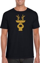 Rendier hoofd Kerst t-shirt - zwart met gouden glitter bedrukking - heren - Kerstkleding / Kerst outfit XL