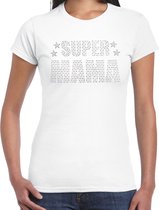 Glitter Super Mama t-shirt wit met steentjes/ rhinestones voor dames - Moederdag cadeaus - Glitter kleding/ foute party outfit M