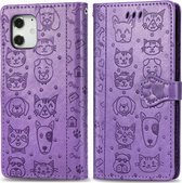 Mobiq Embossed Animal Wallet Hoesje iPhone 12 Mini - Vrolijke hoes met dieren patroon | Book case met sluiting | Vakje voor pasjes pashouder | Apple iPhone 12 Mini 5.4 inch hoes - Zwart | Paa