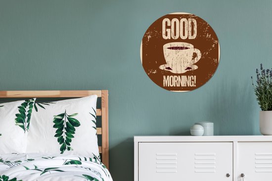 WallCircle - Muurstickers - Behangcirkel - Koffie - Good morning! - Retro - Spreuken - Quotes - 80x80 cm - Muurcirkel - Zelfklevend - Ronde Behangsticker