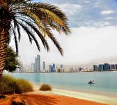 De skyline van Abu Dhabi achter een palmboom - Fotobehang (in banen) - 450 x 260 cm