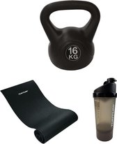 Tunturi - Fitness Set - Kettlebell 16 kg - Fitnessmat 160 x 60 x 0,7 cm - Shakebeker