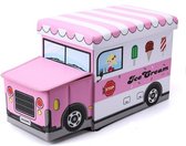Opbergkist kinderen - Speelgoedkist - Roze ijswagen - Opbergbox met 2 vakken - Met deksel - Wasmand Kinderkamer - Opbergen speelgoedmand - Wit - Roze