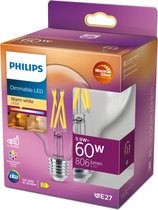 Philips LED Globe Transparant - 60 W - E27 - Dimbaar warmwit licht