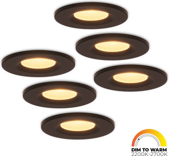 Set van 6 HOFTRONIC Venezia - Dimbare LED inbouwspot - zwart - 6 Watt - 2200-2700K Extra warm wit tot warm wit - IP65 Waterdicht - 500 lumen - Dim to warm - Plafondspot voor badkamer en buiten - 5 jaar garantie - Zaagmaat: 60 - 75mm