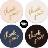 40x Sticker | THANK YOU + hartje | zwart, wit, blauw & roze | 25 mm