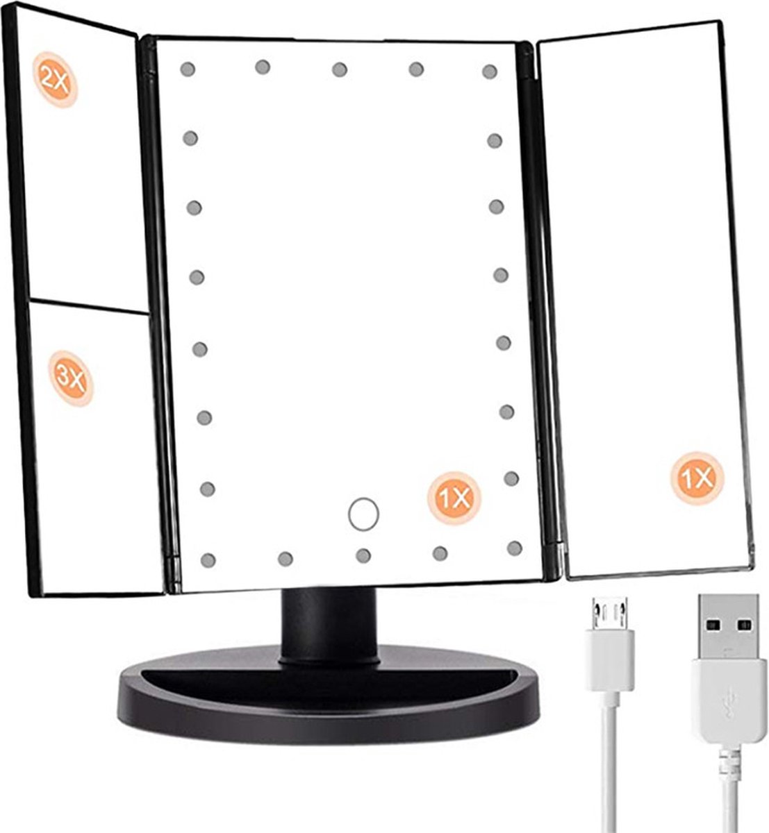 22 LED- Make-up spiegel met USB kabel of batterij - Uitklapbaar ZWART