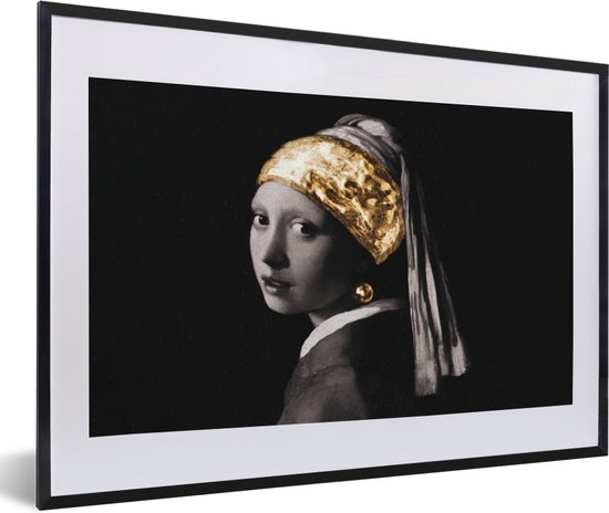 Fotolijst incl. Poster - Meisje met de parel - Vermeer - Goud - Zwart - Wit - 60x40 cm - Posterlijst