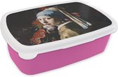 Broodtrommel Roze - Lunchbox - Brooddoos - Meisje met de parel - Vermeer - Bloemen - 18x12x6 cm - Kinderen - Meisje