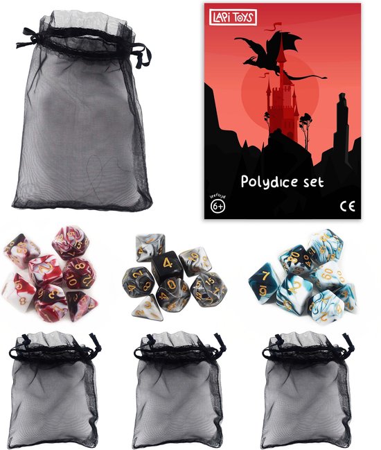 Thumbnail van een extra afbeelding van het spel Lapi Toys - Dungeons and dragons dobbelstenen mega set - Dnd polydice - 3 sets (21 stuks) - Met gratis d&d dice bags