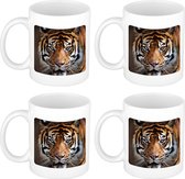 Set van 4x stuks siberische tijger koffiemok / theebeker wit 300 ml - keramiek - dierenmokken - cadeau beker / tijgers